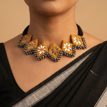 Mustard Mirror Work Kite Choker with Oxidised Beads