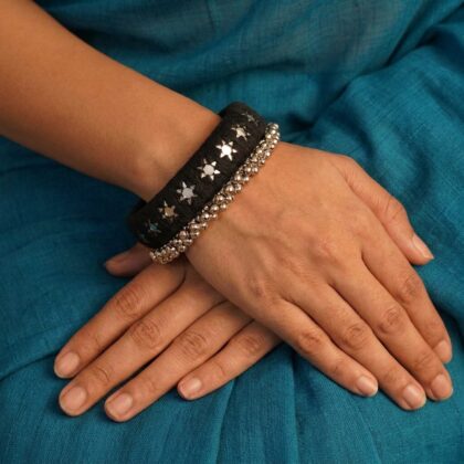Mirror Work Kada Bracelet in Black & Silver