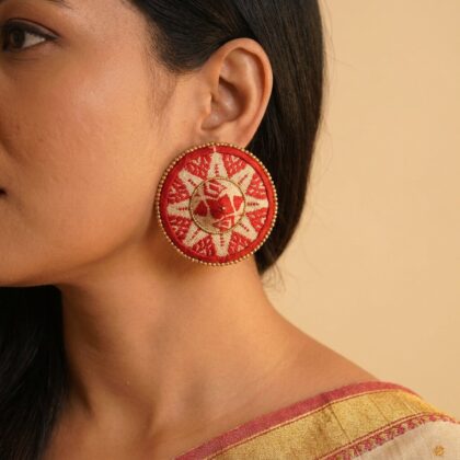 Japi Motif Round Earrings with Gold Bead Edging