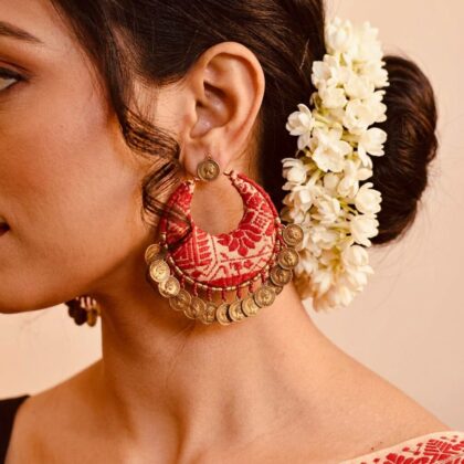 Heritage Coin Chandbali Earrings in Red Weave