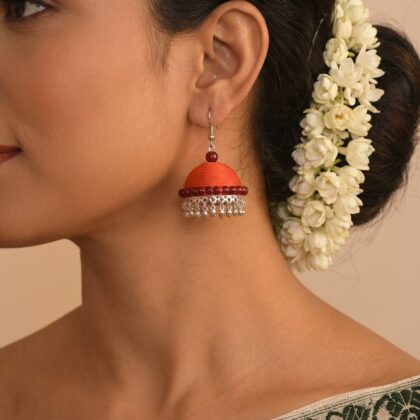 Thread Bead Jhumka Earrings in Saffron & Maroon