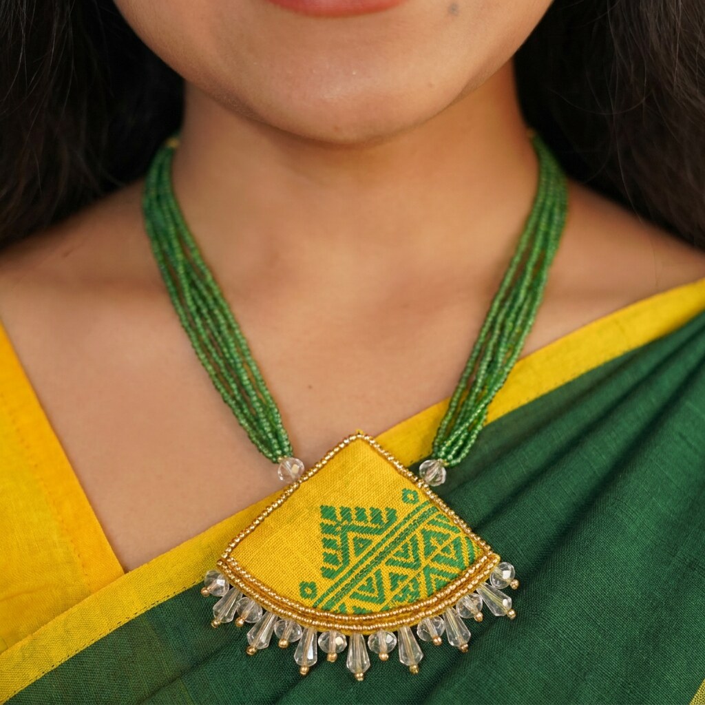 Dokhona Motif Pendant Necklace in Yellow & Green