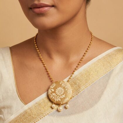 Golden Muga-Tone Woven Pendant Necklace with Pearl Drops