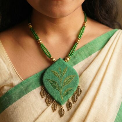 Tea Leaf Motif Green Woven Pendant with Brass Charms